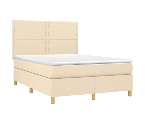 Cama box spring con colchón y LED tela crema 140x200 cm