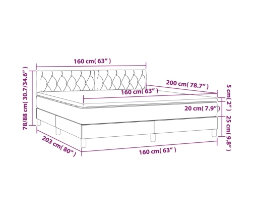 Cama box spring con colchón LED tela marrón oscuro 160x200 cm