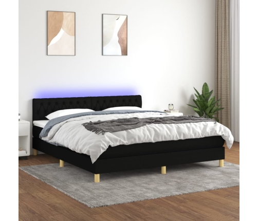 Cama box spring con colchón LED tela negro 180x200 cm