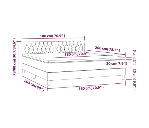 Cama box spring con colchón LED tela marrón oscuro 180x200 cm