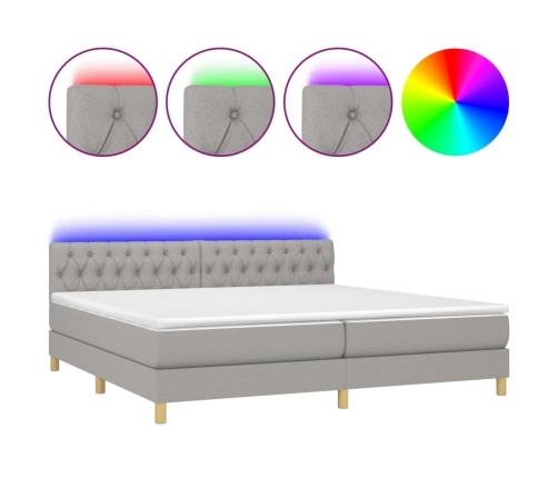 Cama box spring con colchón tela y LED gris claro 200x200 cm