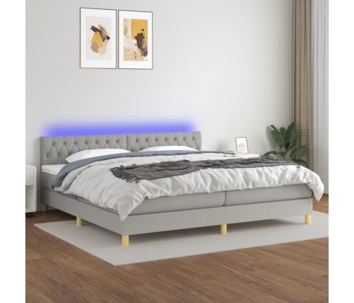 Cama box spring con colchón tela y LED gris claro 200x200 cm