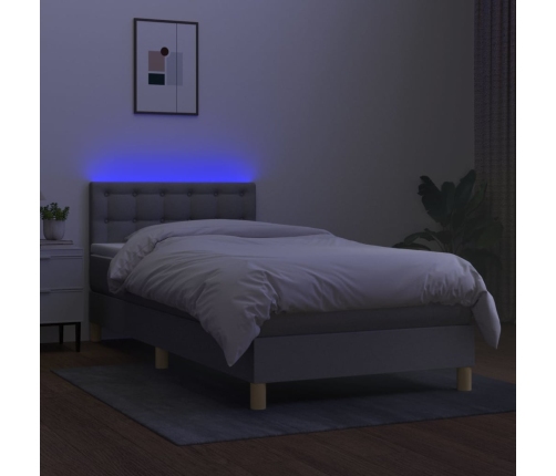 Cama box spring con colchón tela y LED gris claro 80x200 cm