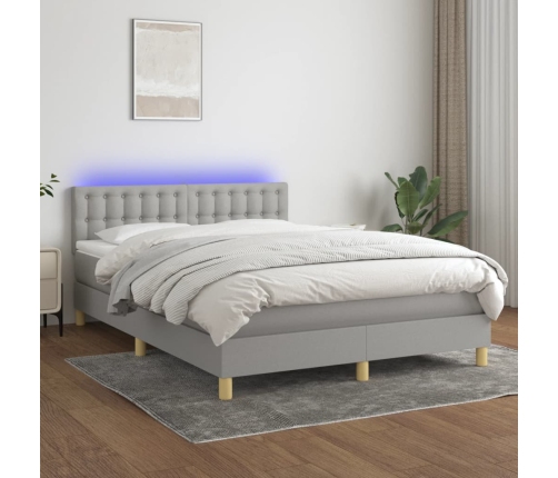 Cama box spring colchón y luces LED tela gris claro 140x190 cm