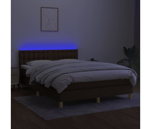 Cama box spring colchón luces LED tela marrón oscuro 140x190 cm