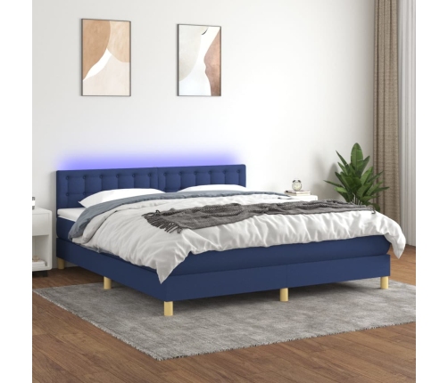 Cama box spring con colchón y LED tela azul 160x200 cm