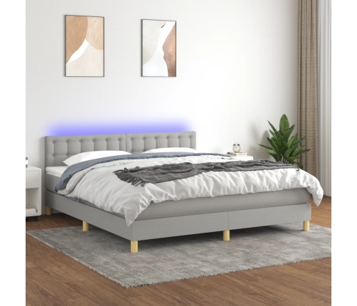 Cama box spring con colchón tela y LED gris claro 180x200 cm