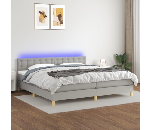 Cama box spring con colchón tela y LED gris claro 200x200 cm