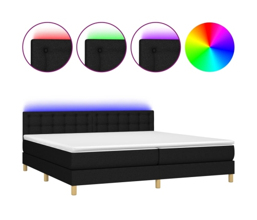 Cama box spring con colchón LED tela negro 200x200 cm