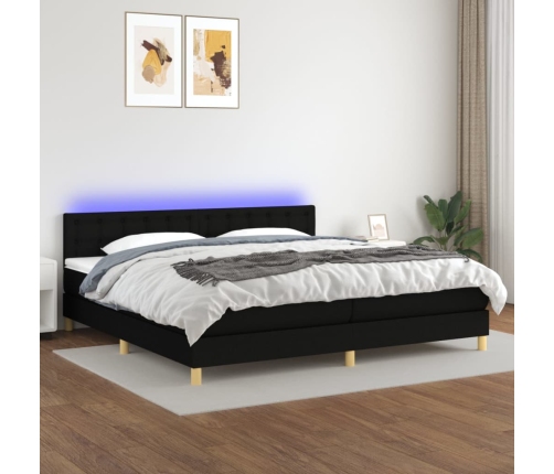 Cama box spring con colchón LED tela negro 200x200 cm