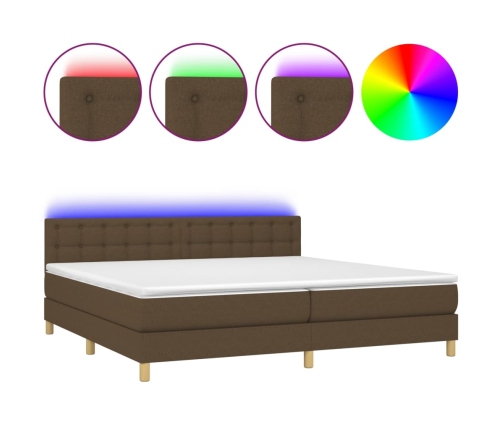 Cama box spring con colchón LED tela marrón oscuro 200x200 cm