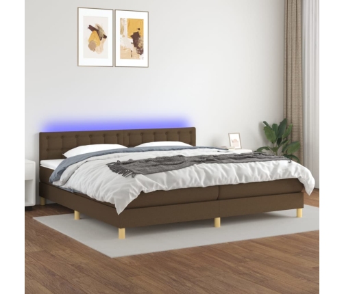 Cama box spring con colchón LED tela marrón oscuro 200x200 cm