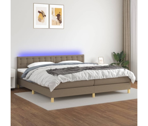 Cama box spring con colchón LED tela gris taupe 200x200 cm