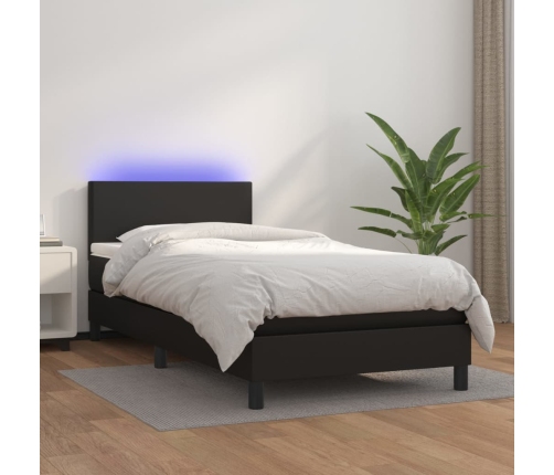 Cama box spring y colchón LED cuero sintético negro 80x200 cm