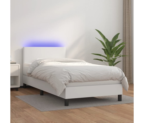 Cama box spring y colchón LED cuero sintético blanco 80x200 cm