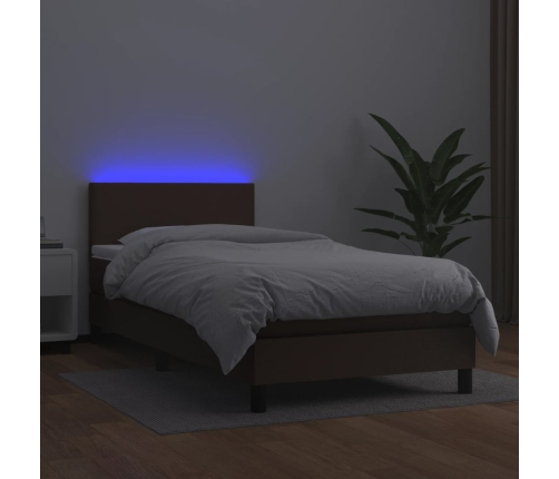 Cama box spring y colchón LED cuero sintético marrón 80x200 cm