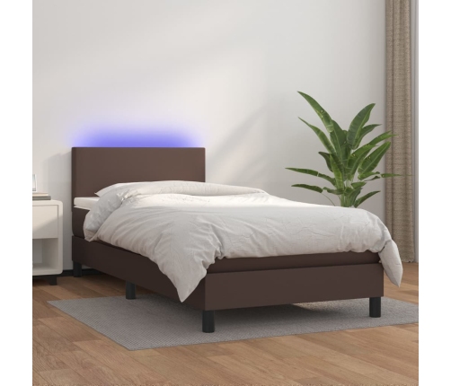 Cama box spring y colchón LED cuero sintético marrón 80x200 cm