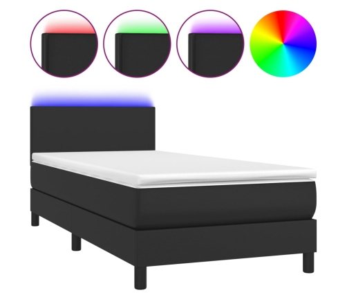 Cama box spring y colchón LED cuero sintético negro 90x190 cm