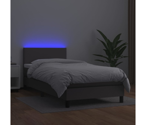 Cama box spring y colchón LED cuero sintético gris 90x190 cm