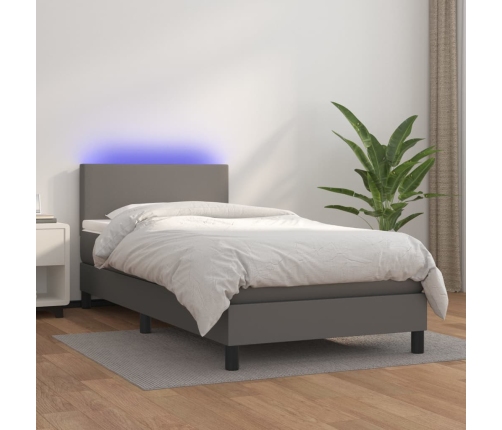 Cama box spring y colchón LED cuero sintético gris 90x190 cm