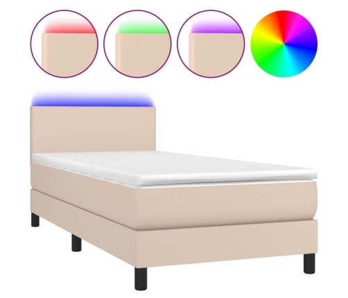 Cama box spring colchón LED cuero sintético capuchino 90x190 cm