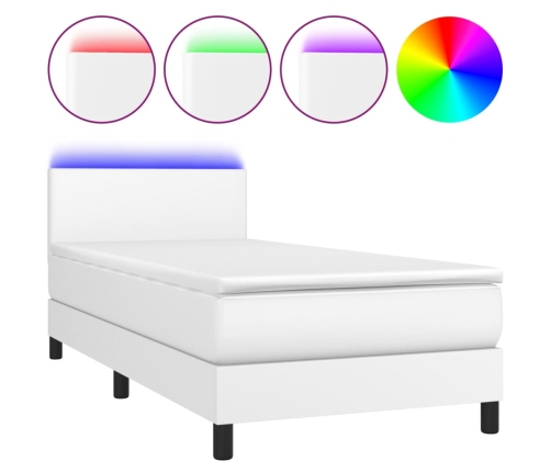 Cama box spring y colchón LED cuero sintético blanco 90x200 cm