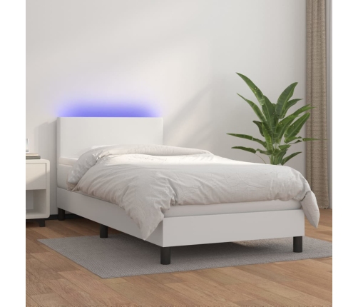 Cama box spring y colchón LED cuero sintético blanco 90x200 cm