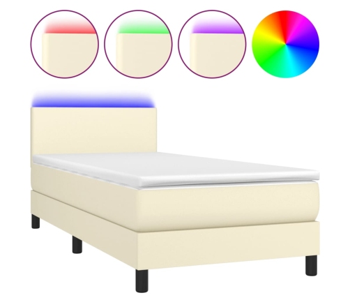 Cama box spring colchón y LED cuero sintético crema 100x200 cm