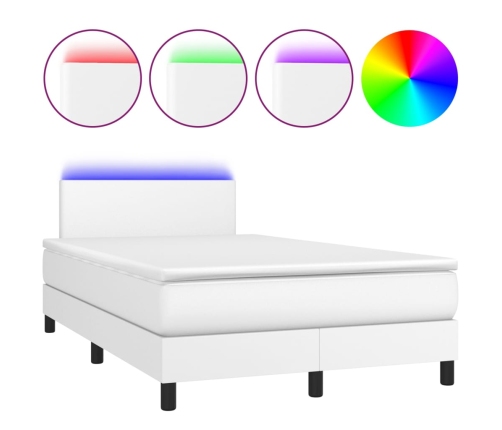 Cama box spring colchón y LED cuero sintético blanco 120x200 cm