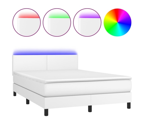 Cama box spring colchón y LED cuero sintético blanco 140x190 cm