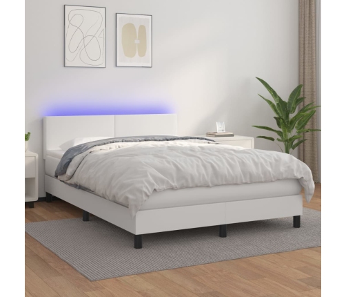 Cama box spring colchón y LED cuero sintético blanco 140x190 cm