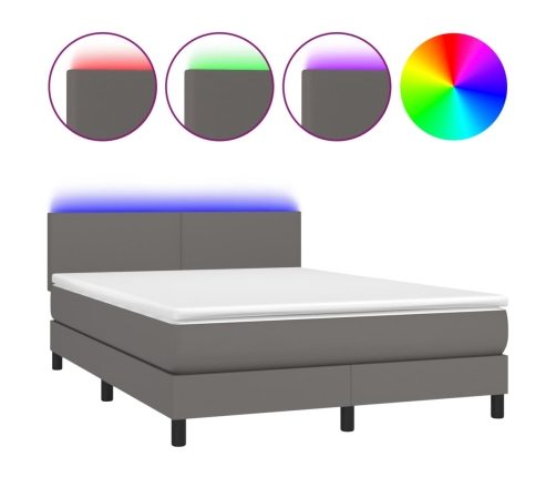 Cama box spring colchón y LED cuero sintético gris 140x190 cm