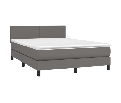 Cama box spring colchón y LED cuero sintético gris 140x190 cm