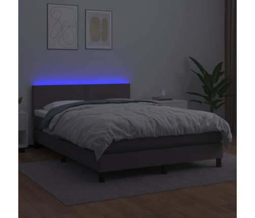 Cama box spring colchón y LED cuero sintético gris 140x190 cm