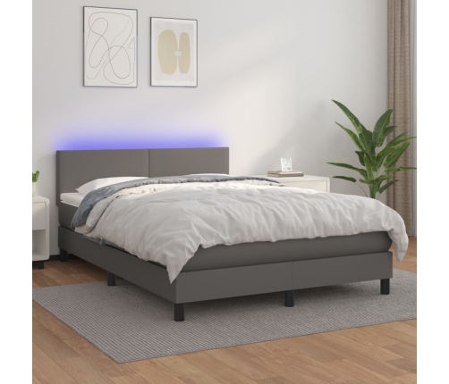 Cama box spring colchón y LED cuero sintético gris 140x190 cm