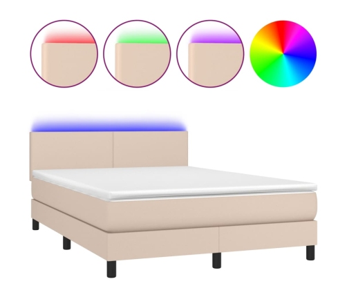 Cama box spring colchón LED cuero sintético capuchino 140x190cm