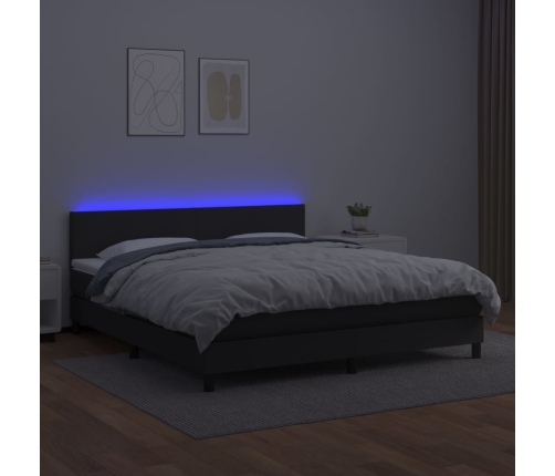 Cama box spring colchón y LED cuero sintético negro 160x200 cm