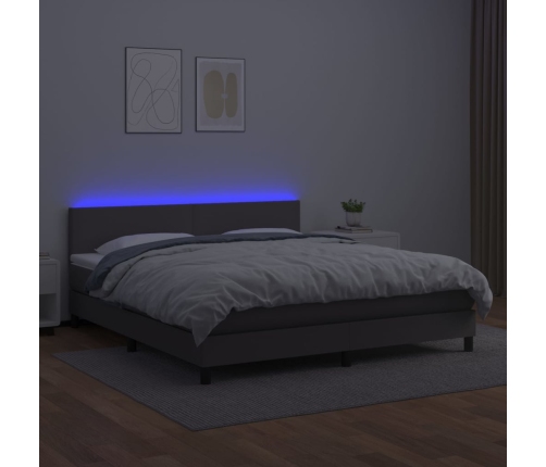 Cama box spring colchón y LED cuero sintético gris 160x200 cm