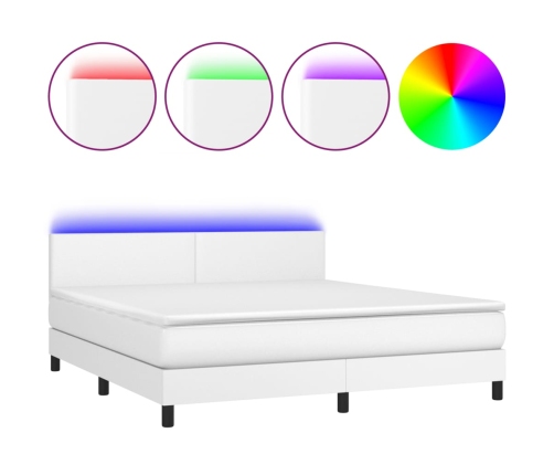 Cama box spring colchón y LED cuero sintético blanco 180x200 cm