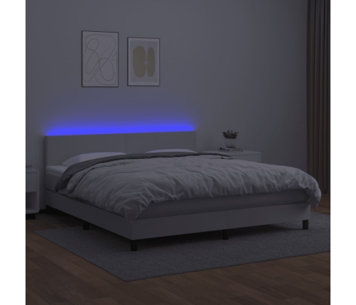 Cama box spring colchón y LED cuero sintético blanco 180x200 cm