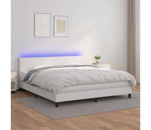 Cama box spring colchón y LED cuero sintético blanco 180x200 cm