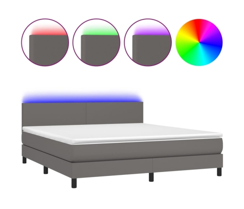 Cama box spring colchón y LED cuero sintético gris 180x200 cm