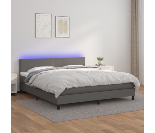 Cama box spring colchón y LED cuero sintético gris 180x200 cm