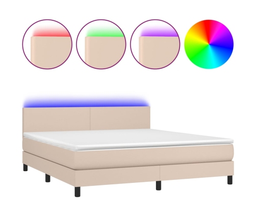 Cama box spring colchón LED cuero sintético capuchino 180x200cm