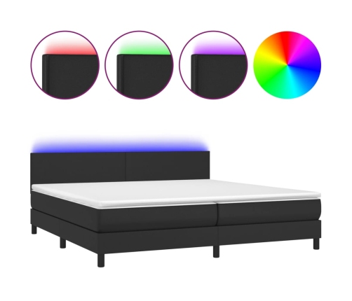 Cama box spring colchón y LED cuero sintético negro 200x200 cm