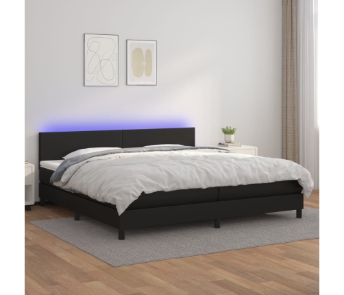 Cama box spring colchón y LED cuero sintético negro 200x200 cm