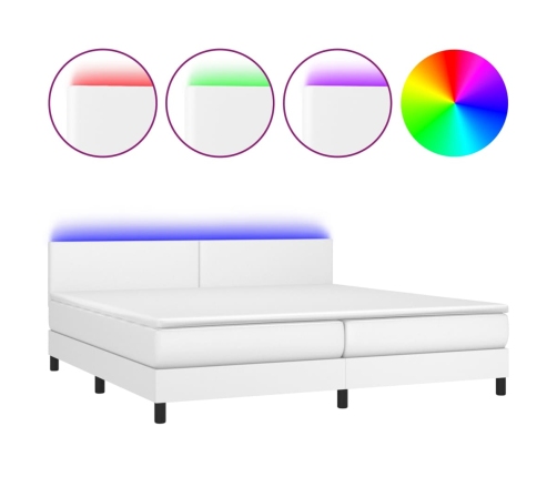 Cama box spring colchón y LED cuero sintético blanco 200x200 cm