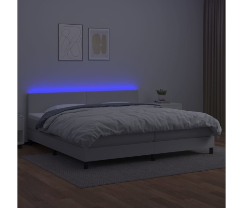 Cama box spring colchón y LED cuero sintético blanco 200x200 cm