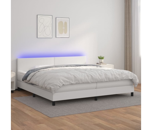 Cama box spring colchón y LED cuero sintético blanco 200x200 cm