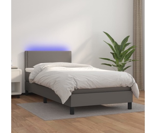 Cama box spring y colchón LED cuero sintético gris 80x200 cm